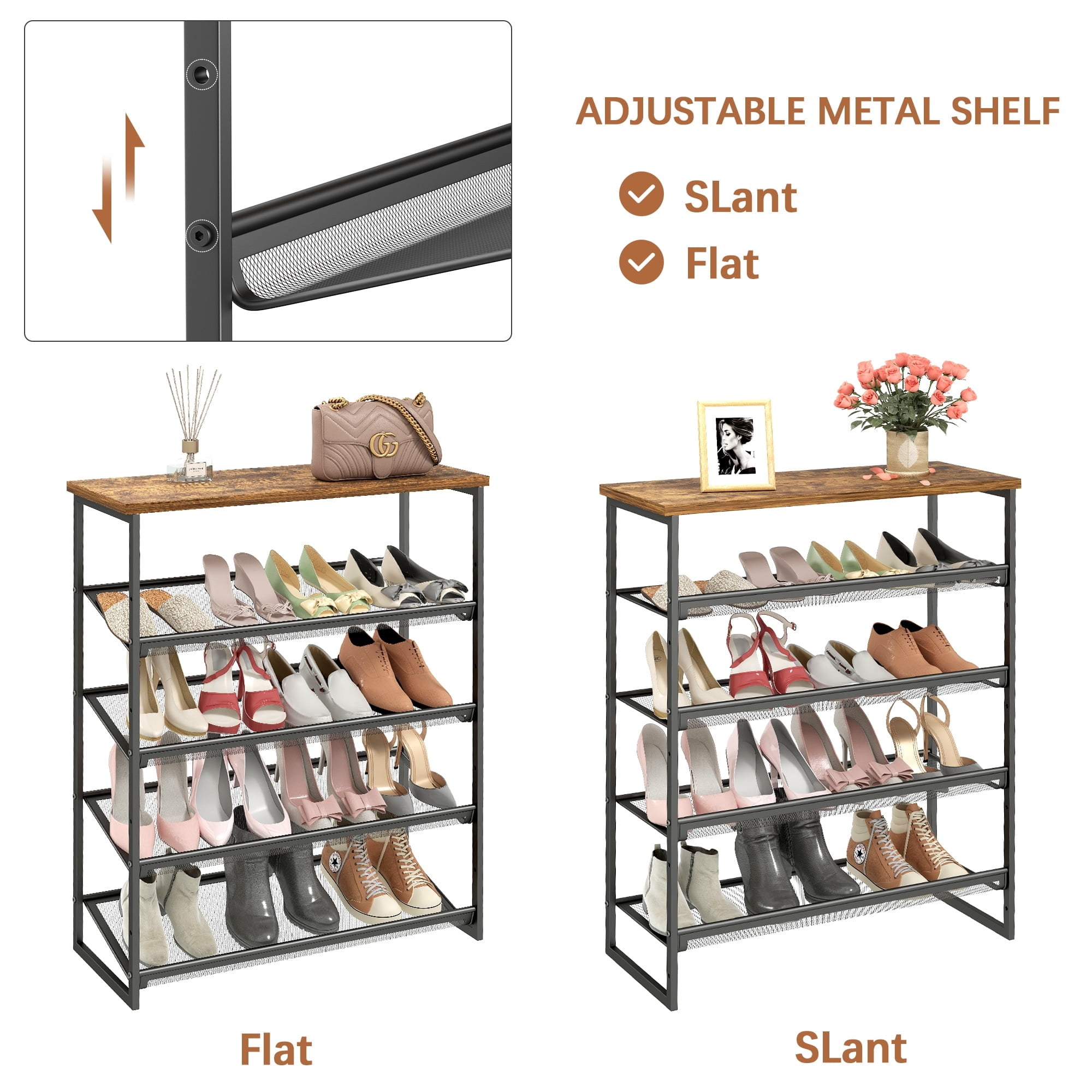Fenbeli 5-Tier Metal Shoe Rack Free Standing Storage Organizer Holds 15 Pairs for Entryway and Closet, Black