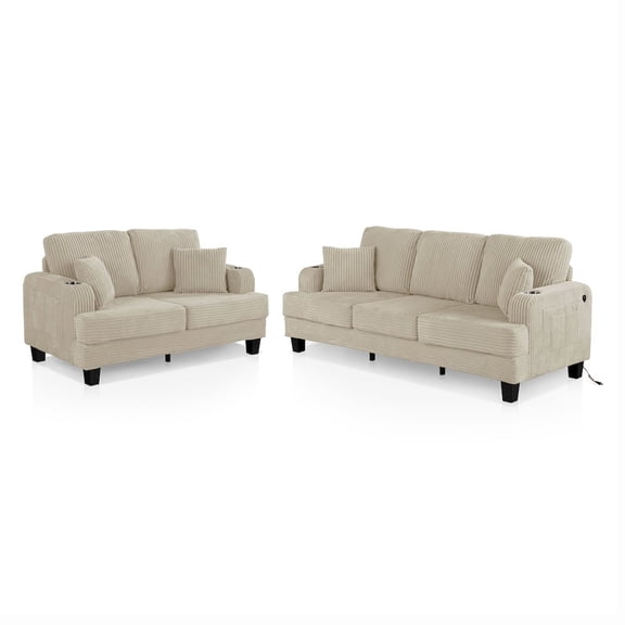 Furniture of America Kasin 2-Piece Chenille Living Room Set with USB Ports