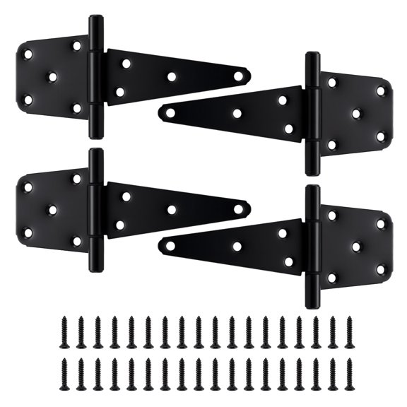 WellMade 6 in. T-Strap Gate Hinge, Heavy Duty Carbon Steel Black Shed Door Hinge with Screws, for Wooden Fences & Outdoor Use, 4 pack