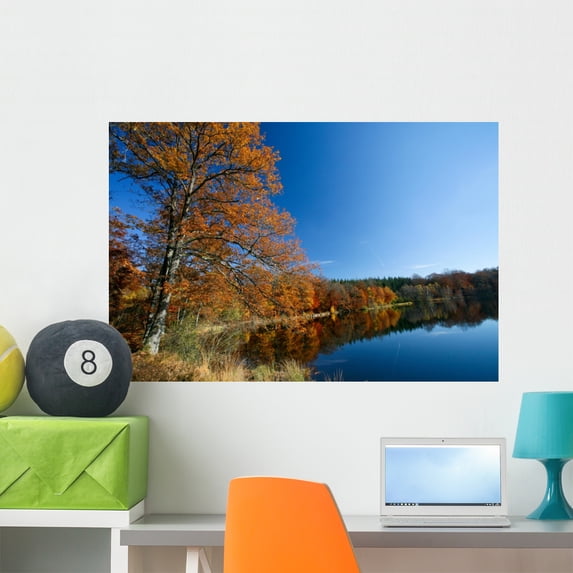 Colorful Tree near Lake Wall Mural Decal by Wallmonkeys Vinyl Peel and Stick Graphic (36 in W x 24 in H)