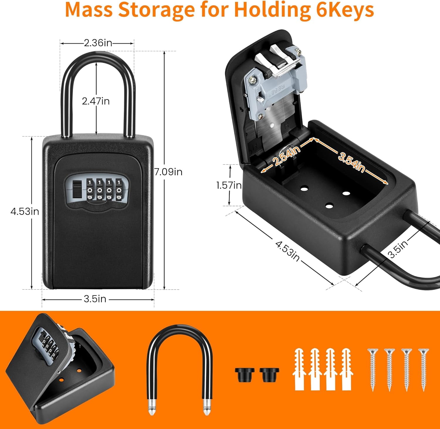 Portable Key Lock Box, Upgrade Clearly Visible Numbers, Lock Box Wall Mounted for House Key, 5 Key Capacity, Weatherproof Resettable Code (1 Pack, Black)