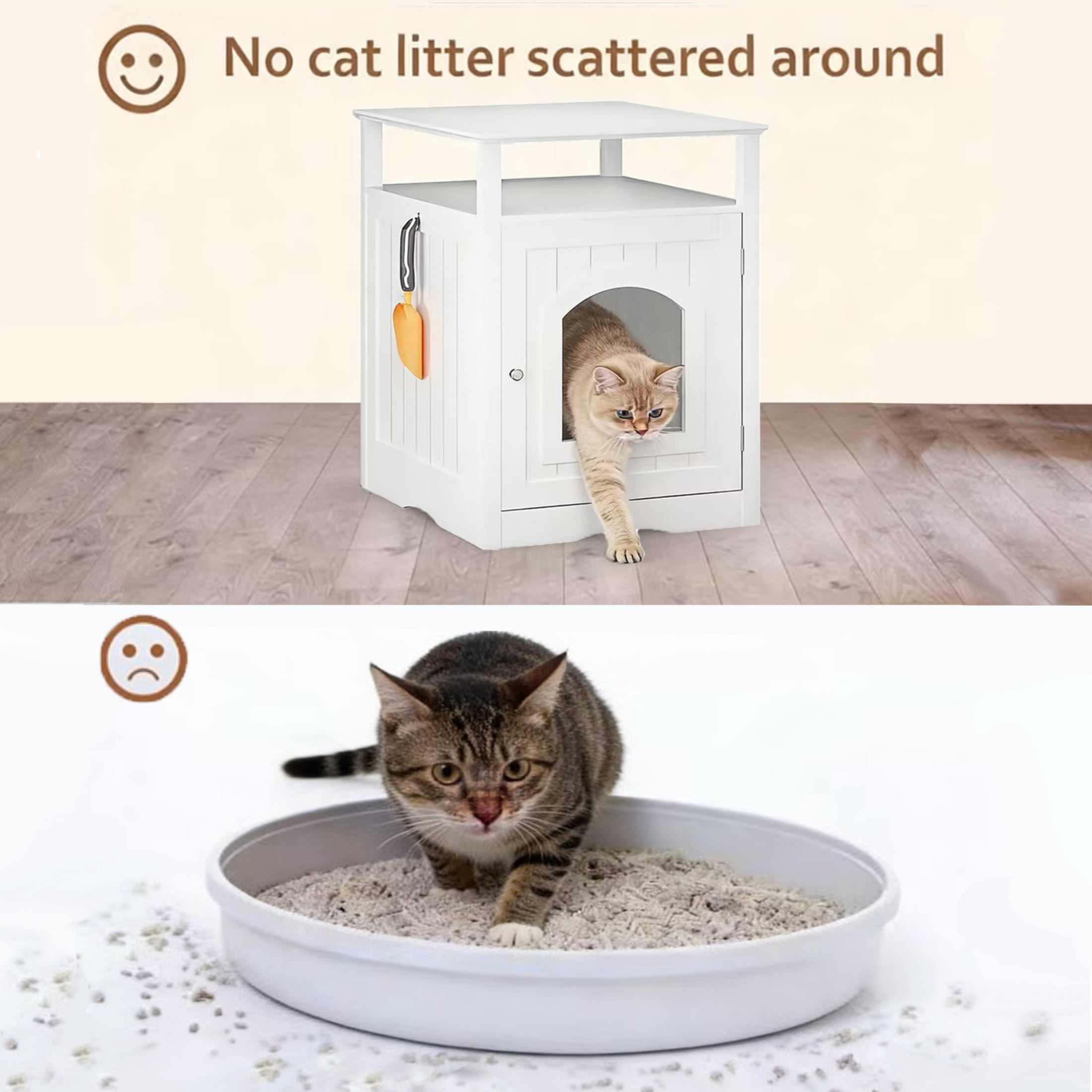 Noble House Cat Litter Box Enclosure Furniture, Wooden Hidden Cat House Cabinet with Storage Shelf, White