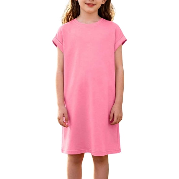 Girls Casual T Shirt Dress with Pockets Soft A-Line Short Sleeve Pink Playdate Summer Outfit for Kids,Size 4-5T