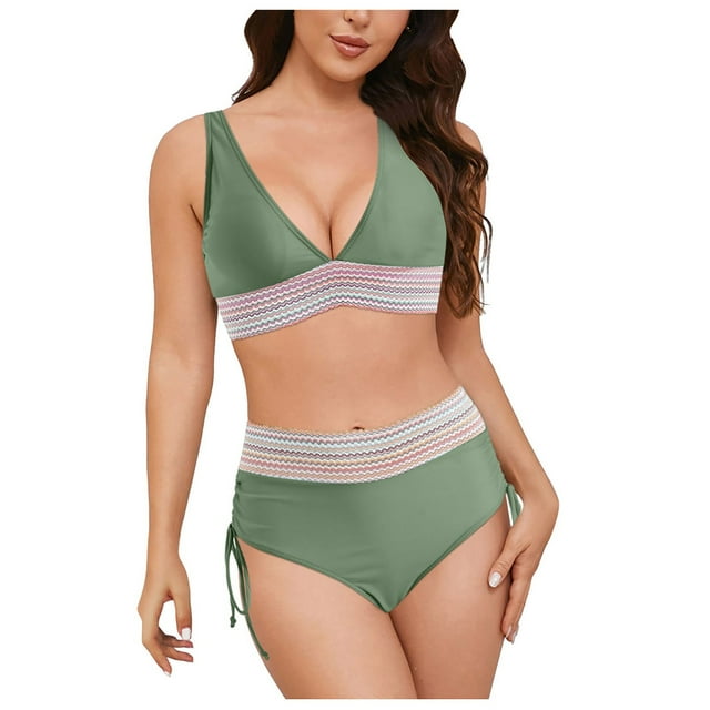 adviicd Swimming Suits for Women Women's High Waisted Bikini Ribbed Two Piece Swimsuit High Cut Color Block Adjustable Straps Bathing Suit(Green,L)