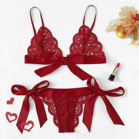 DondPO Lingerie for Women Lingerie Set Lingerie Scalloped Side Bow Lace Trim Tie Sexy Underpant Women Bra Set Women s Lingerie Sleep & Lounge Sexy Pajama Sexy Lingerie Red XL