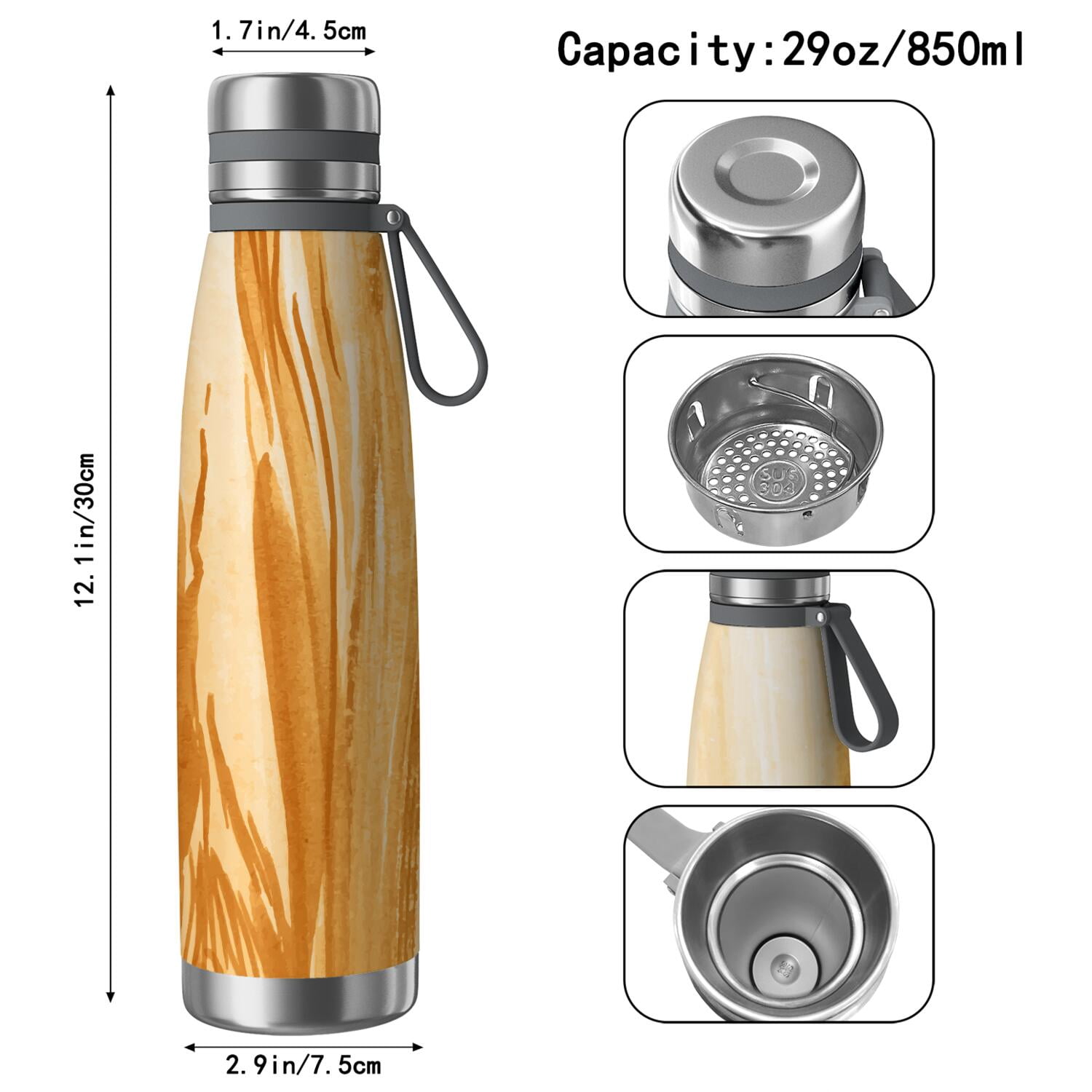29oz Insulated Water Bottle with Tea Infuser, Stainless Steel Travel Mug, Wood Print