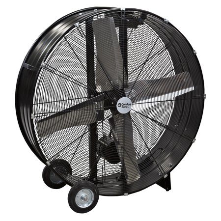 Comfort Zone 48” High-Velocity Industrial 2-Speed Belt-Drive Drum Fan  All-Metal Construction  Balanced Aluminum Blades  Easy to Grab Handle  Rubber Wheels  Black