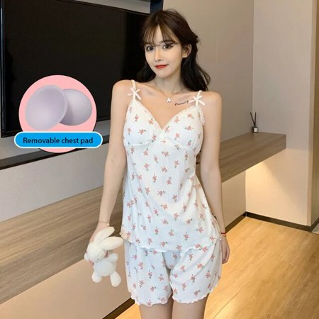 

CoCopeaunt Sling Sleepwear WomenS Summer Thin Two-Piece Suit With Chest Pads Pyjama Pour Femme Small Fresh Lingerie Set Emerald Flowers