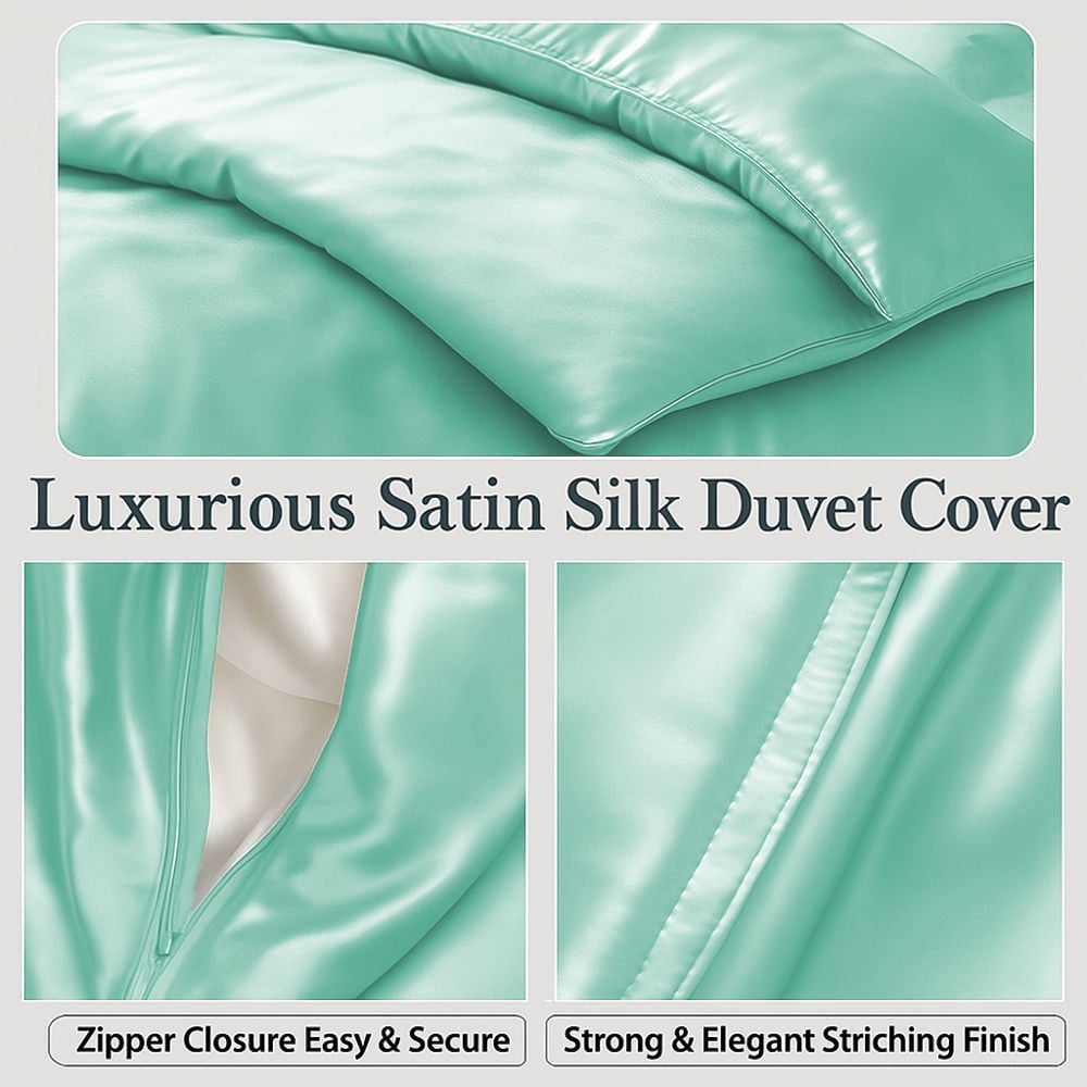 Amay Satin Silk Oversized Queen Duvet Cover Set (98"×98", Aqua ) – Luxurious Glossy Finish – Ideal for Master Bedrooms, Hotel-Inspired Décor – 3-Piece Set