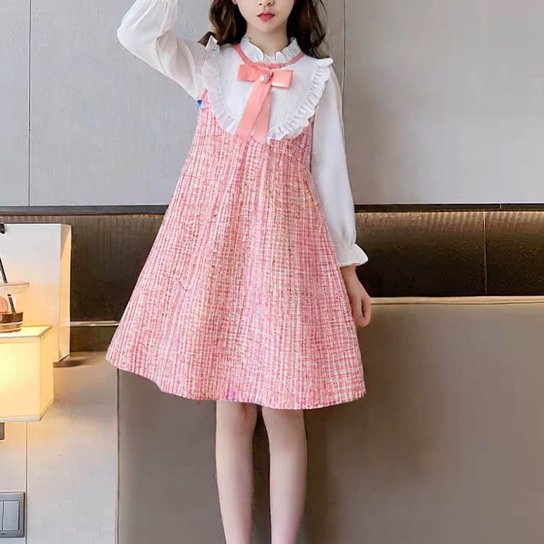 Iveyrtf Little Girls Cute Bow Tie Dress Long Sleeve Collar Dresses Comfortable Soft Breathable Chiffon Fabric for Daily Wear Travel Holiday Party(Pink