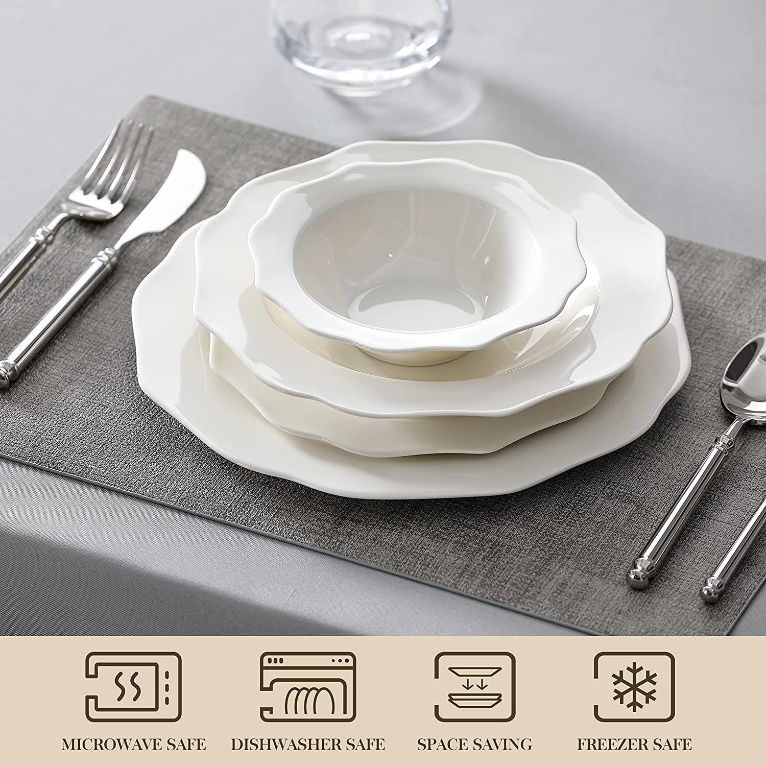 MALACASA Bone China Dinnerware Set, 16 Piece Plates and Bowls Sets with  Golden Rim, White Plate Set with Dinner Plate, Dessert Plate, Soup Plate  and