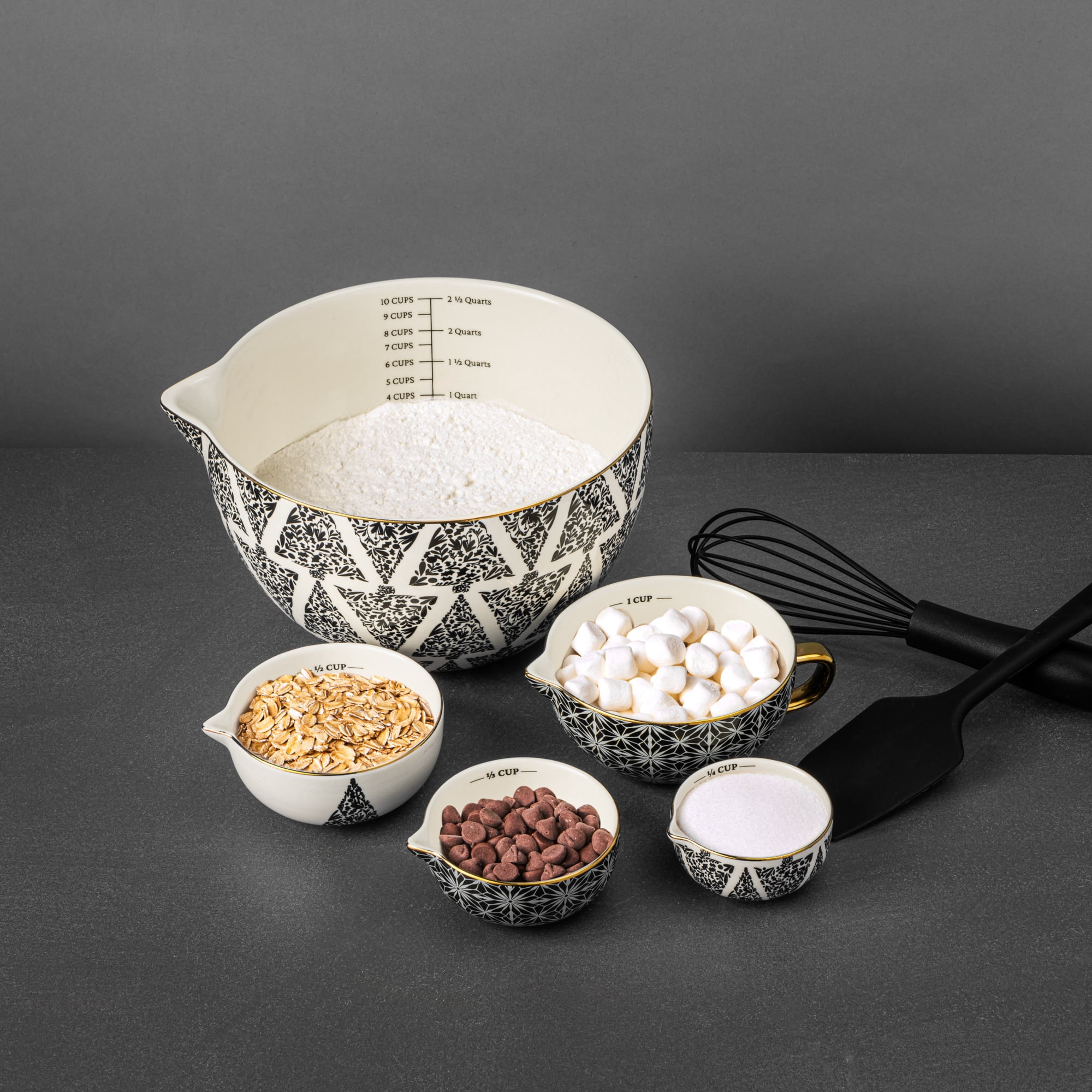 Thyme & Table, Ceramic Mixing Bowl and Measuring Cup Set, Tree Pattern