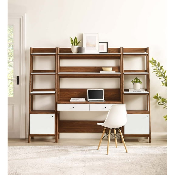 Modway Bixby 3-Piece Wood Office Desk and Bookshelf in Walnut White