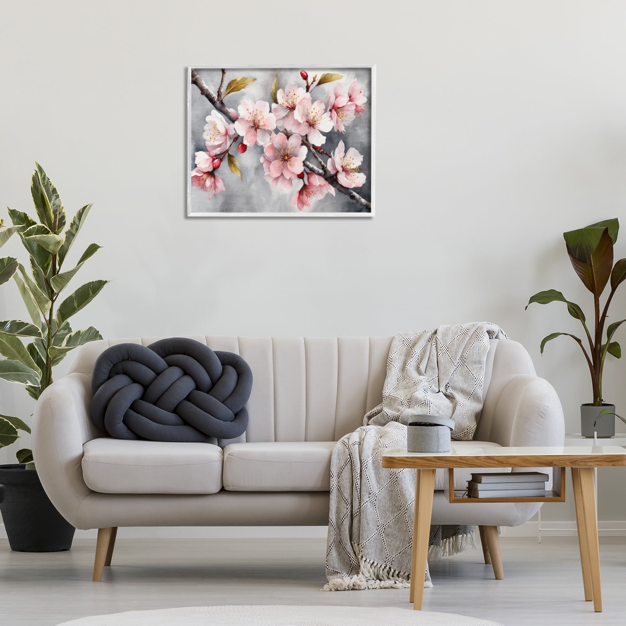 Stupell Industries Blossoms On Grey Botanical & Floral Painting White Framed Art Print Wall Art, 30 x 24