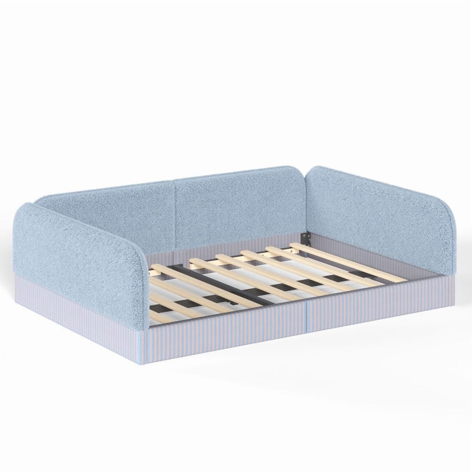Full Size Upholstered Floor Daybed Frame for Kids, Half-Enclosed Montessori Platform Bed with 3-Sided Surrounding Guardrails