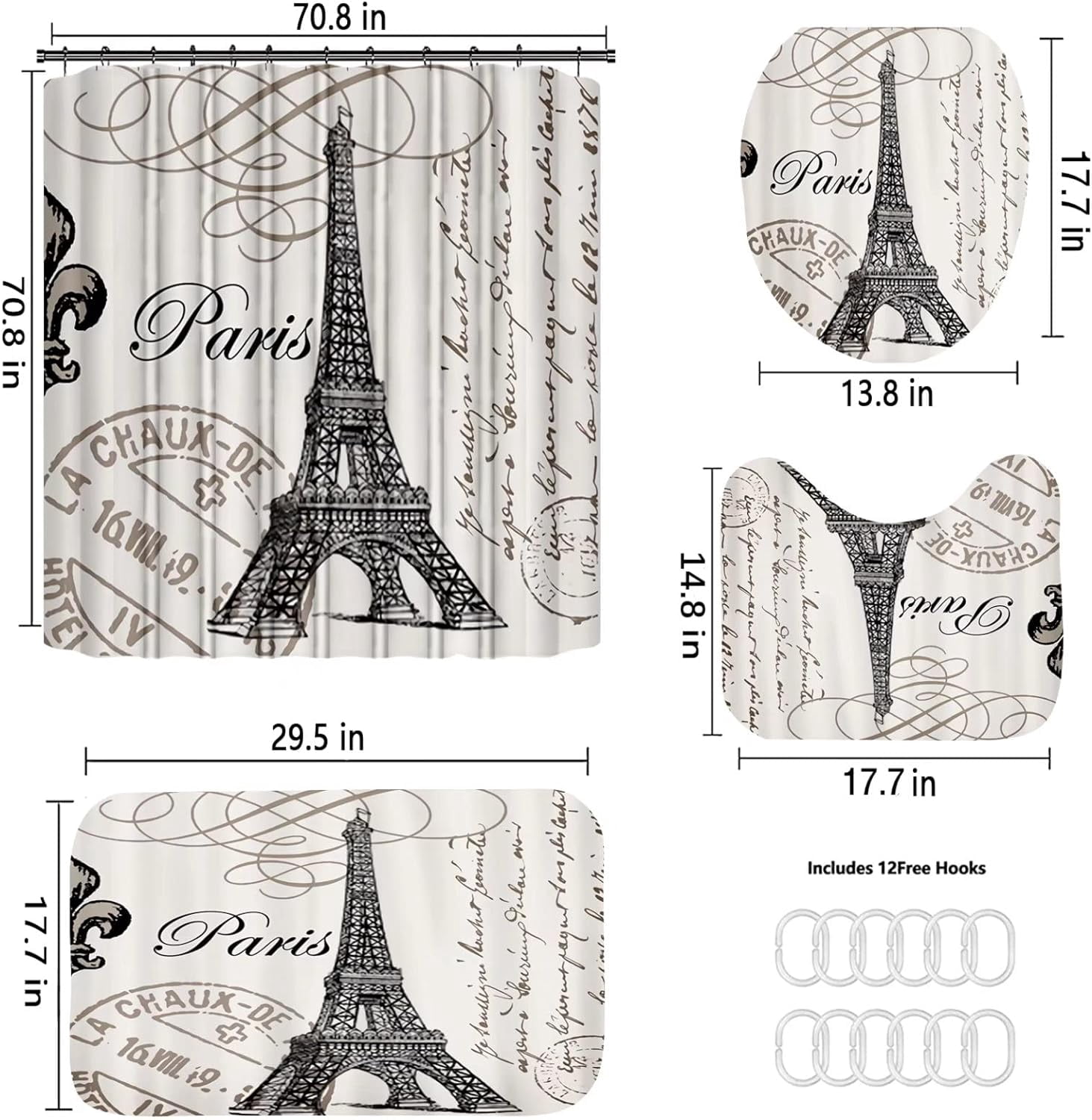 Pcs Paris Eiffel Tower Shower Curtain Sets Bathroom Set Decor with Non-Slip Rugs Bath U-Shaped Mat Toilet Lid Cover Waterproof Vintage Word Art Bathroom Curtains Shower Set with 12 Hooks