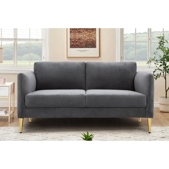 Loveseat, 60.63" Wide Modern Corduroy Sofa with Plush Foam Cushions, Solid Wood Frame, Square Arms, Grey Upholstered Mid-Century Settee for Living Room, Apartment or Office Space
