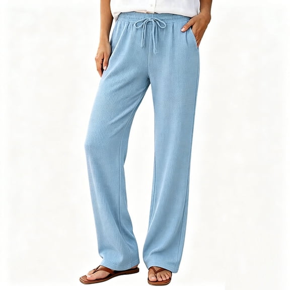 ZToonmas Solid Knit Straight Pants for Women Drawstring Elastic Waist Loose Full Length Casual Pants with Side Pockets