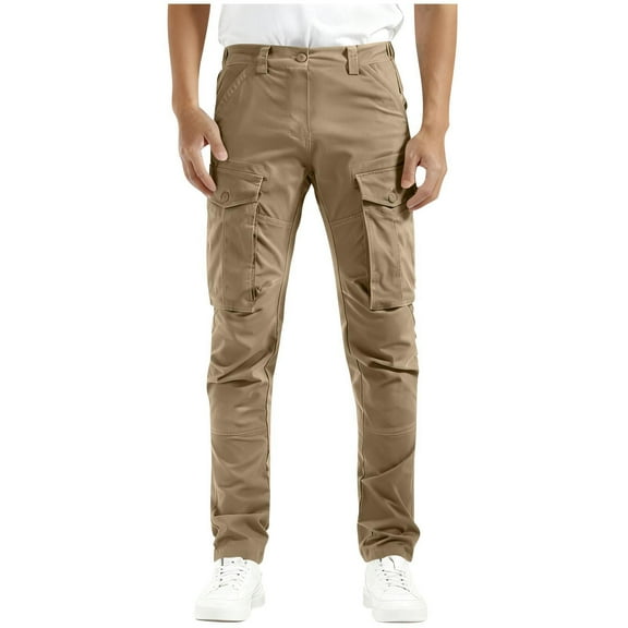 Men's Stretch Cargo Pants - Slim Fit 6-Pocket Hiking Work Casual Trousers,Khaki,Medium