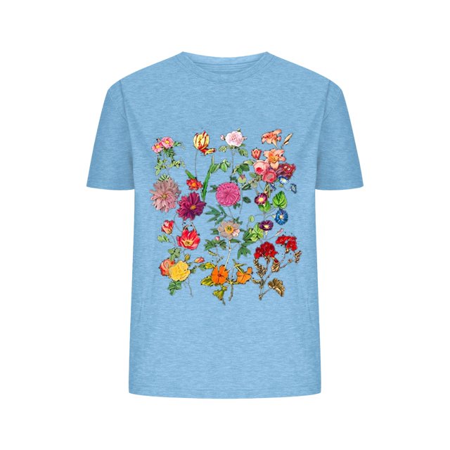Blusas de Verano de las Mujeres Flor Impresa Cuello Redondo Manga Corta Superior, Verano Superior de las Mujeres