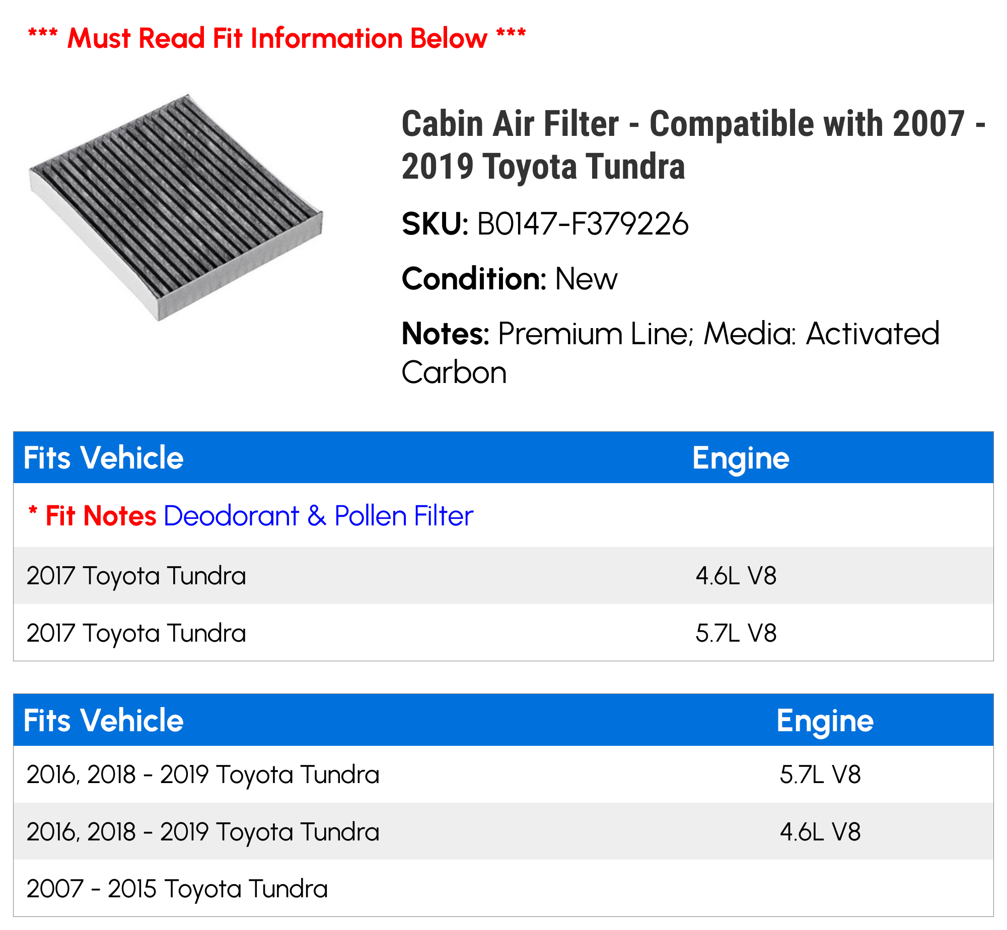 Cabin Air Filter - Compatible with 2007 - 2019 Toyota Tundra 2008 2009 2010 2011 2012 2013 2014 2015 2016 2017 2018