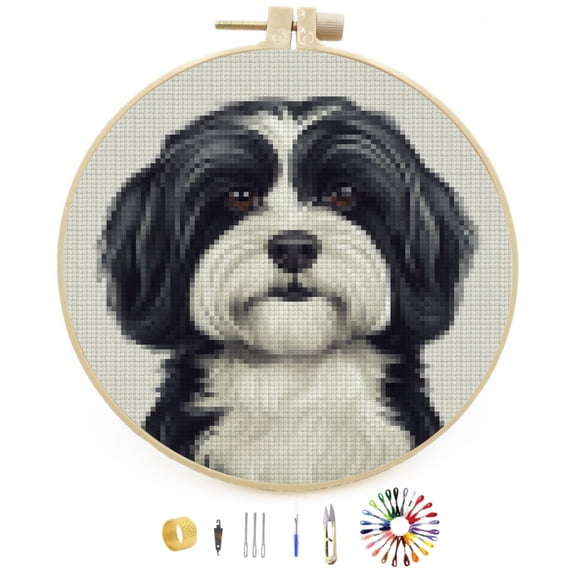 DIY Stamped Cross Stitch Kits Havanese Dog Easy for Beginners with Hoop 11CT Counted Embroidery Needlepoint Crafts Arts for Handmade Enthusiasts and Home Decor 30x30cm(4)