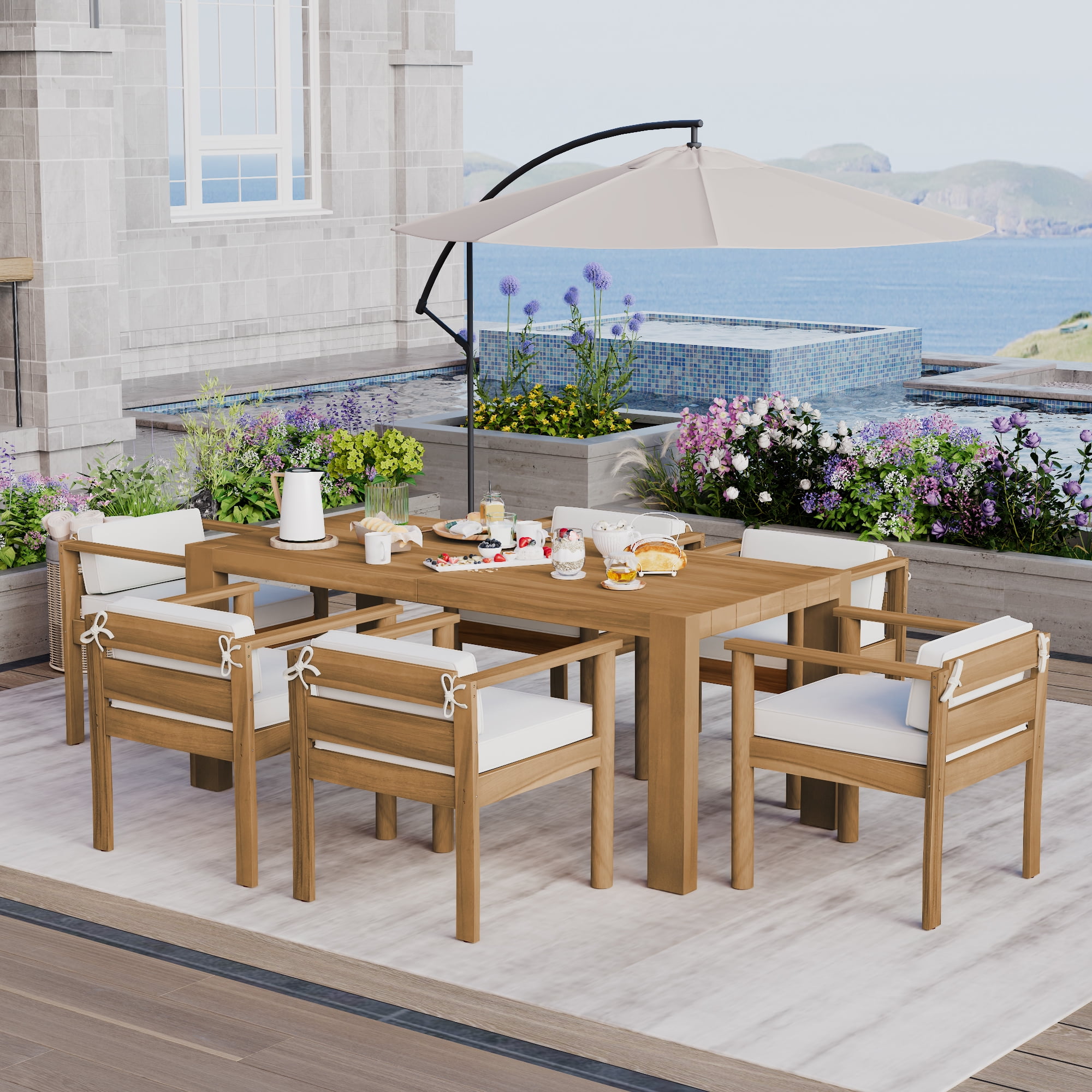 HighSound 7 Piece Patio Dining Set, Outdoor Acacia Wood Furniture Set with Umbrella Hole, Rectangular Table and 6 Chairs w/Removeable Fabric Cushion, Light Teak
