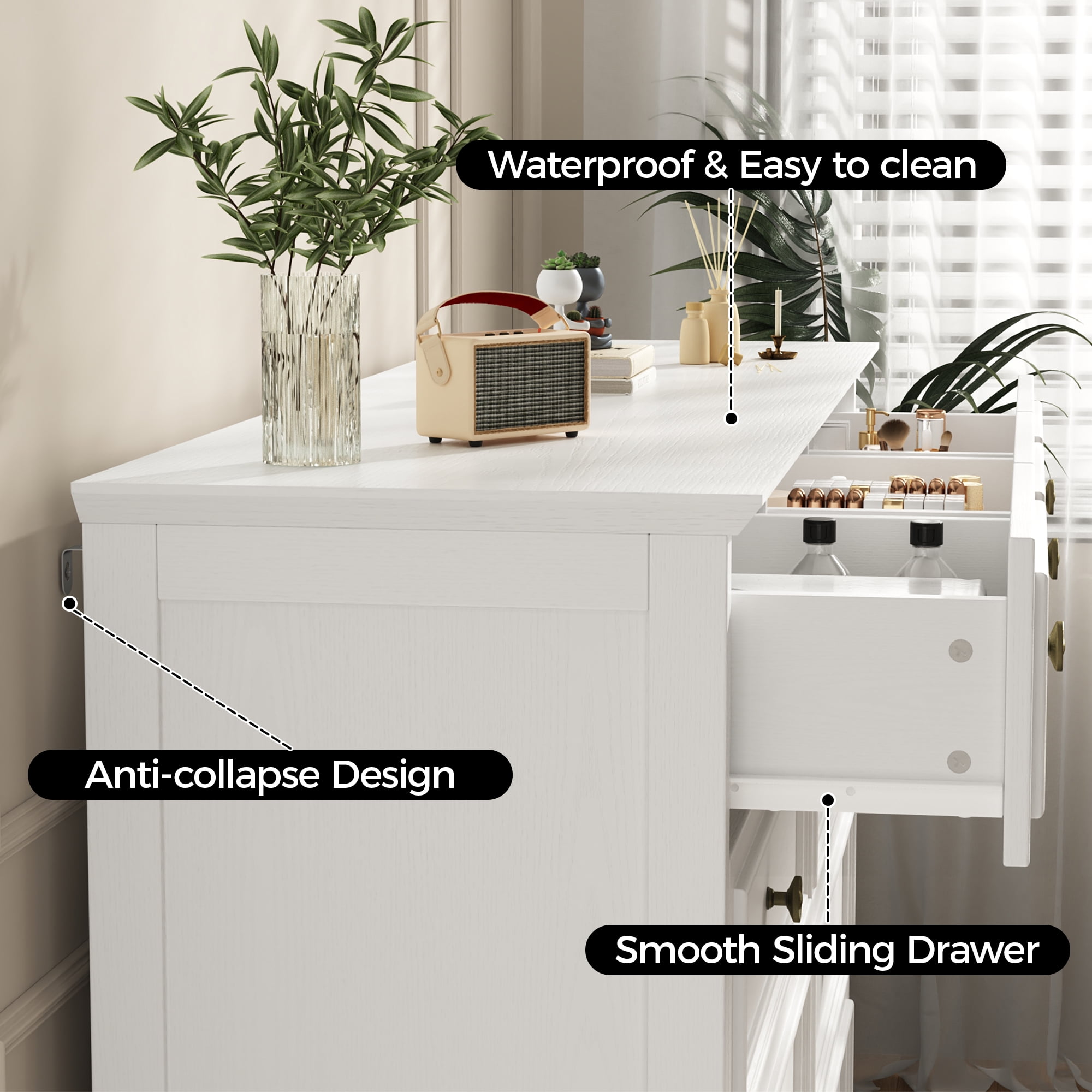 IDEALSOUL White Dresser, 9 Drawer Dresser with Round Metal Handle, 47.2" Retro Wood Storage Cabinet with 6 large drawer and 2 Small drawer for Living Room, Bedroom, Hallway