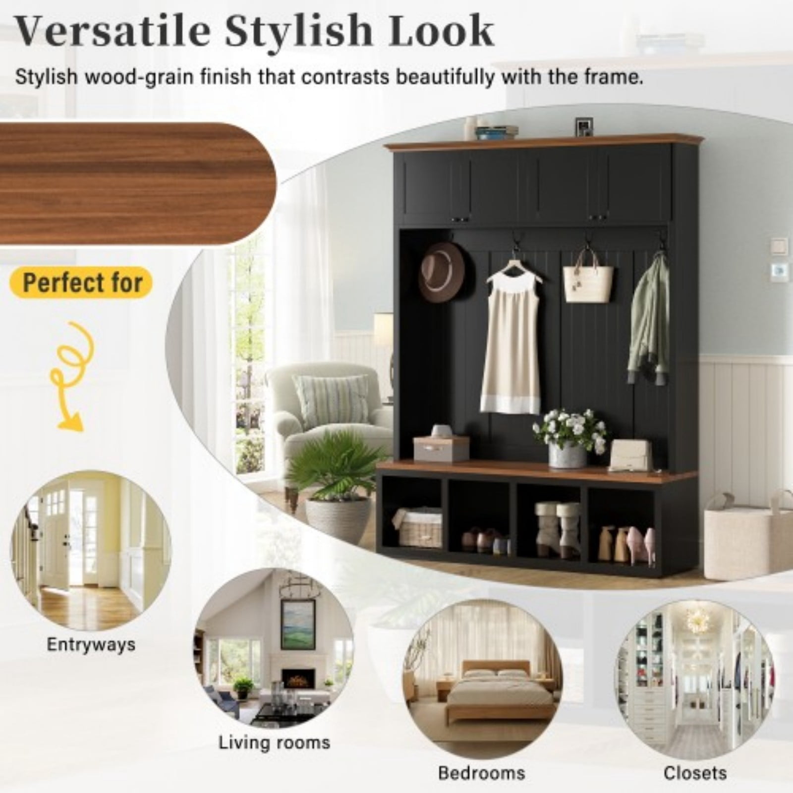 59" Farmhouse Entryway Hall Tree with Bench, 4-in-1 Coat Rack Shoe Storage with 4 Cabinets & Open Compartments, Wood-Grain Hall Tree Organizer with Hooks for Hallway Entryway, Black