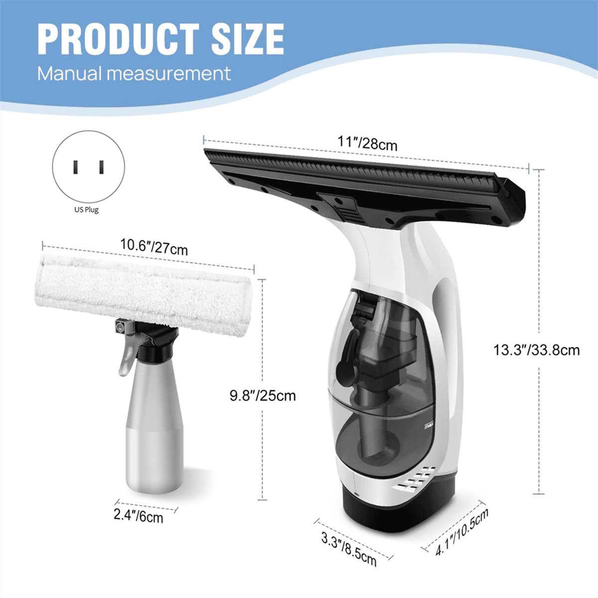 Cordless , Rechargeable Window Vacuum Cleaner with Squeegee , 150ml Water Tank, Light Weight US Plug