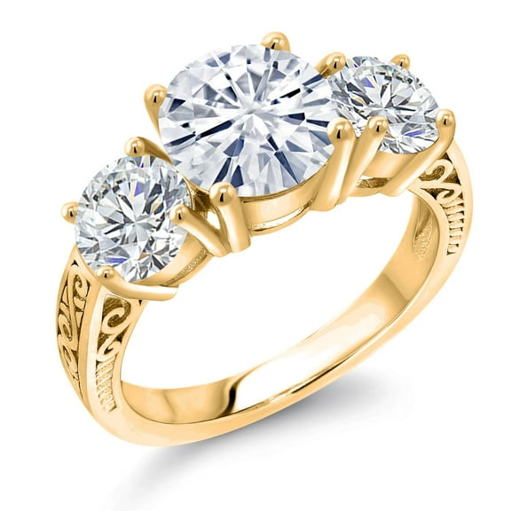 Gem Stone King 18K Yellow Gold Plated Silver White Moissanite and Lab Grown Diamond Engagement Ring for Women | 3.38 Cttw | Round 8MM | Gemstone Birthstone | Size 7