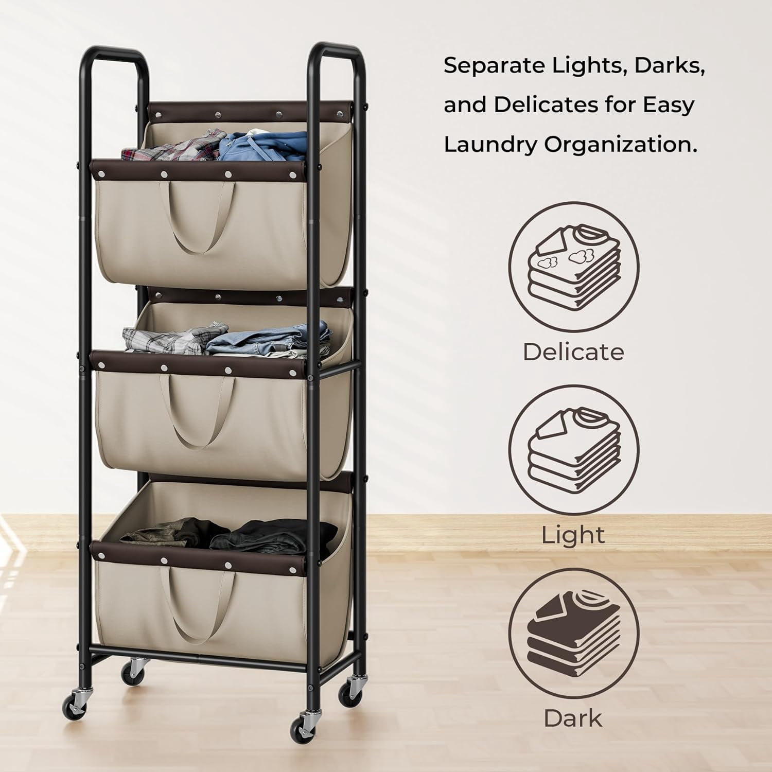 GRANNY SAYS 3-Tier Laundry Basket with Wheels, 120L Rolling Laundry Hamper Sorter, Metal Frame Laundry Organizer, 3 Bin Removable Bags, Light Khaki