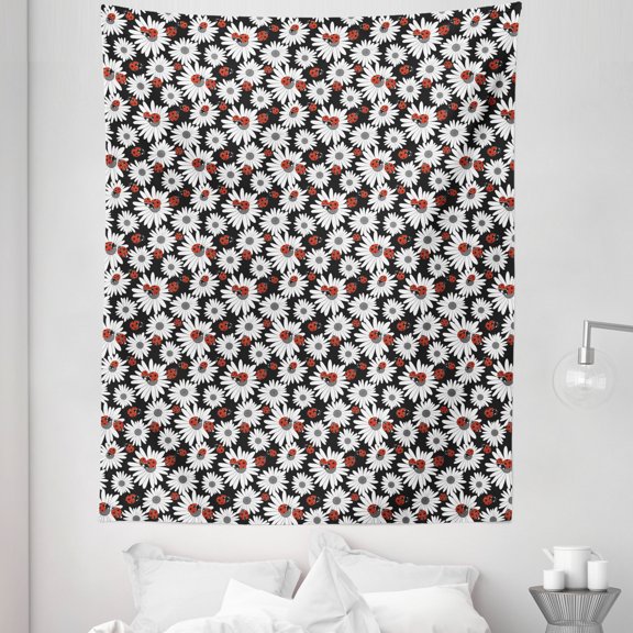 Ladybug Tapestry, Insects Chamomile Bouquets Spring Inspired Flourishing Revival Theme, Fabric Wall Hanging Decor for Bedroom Living Room Dorm, 5 Sizes, Dark Coral Black Grey, by Ambesonne