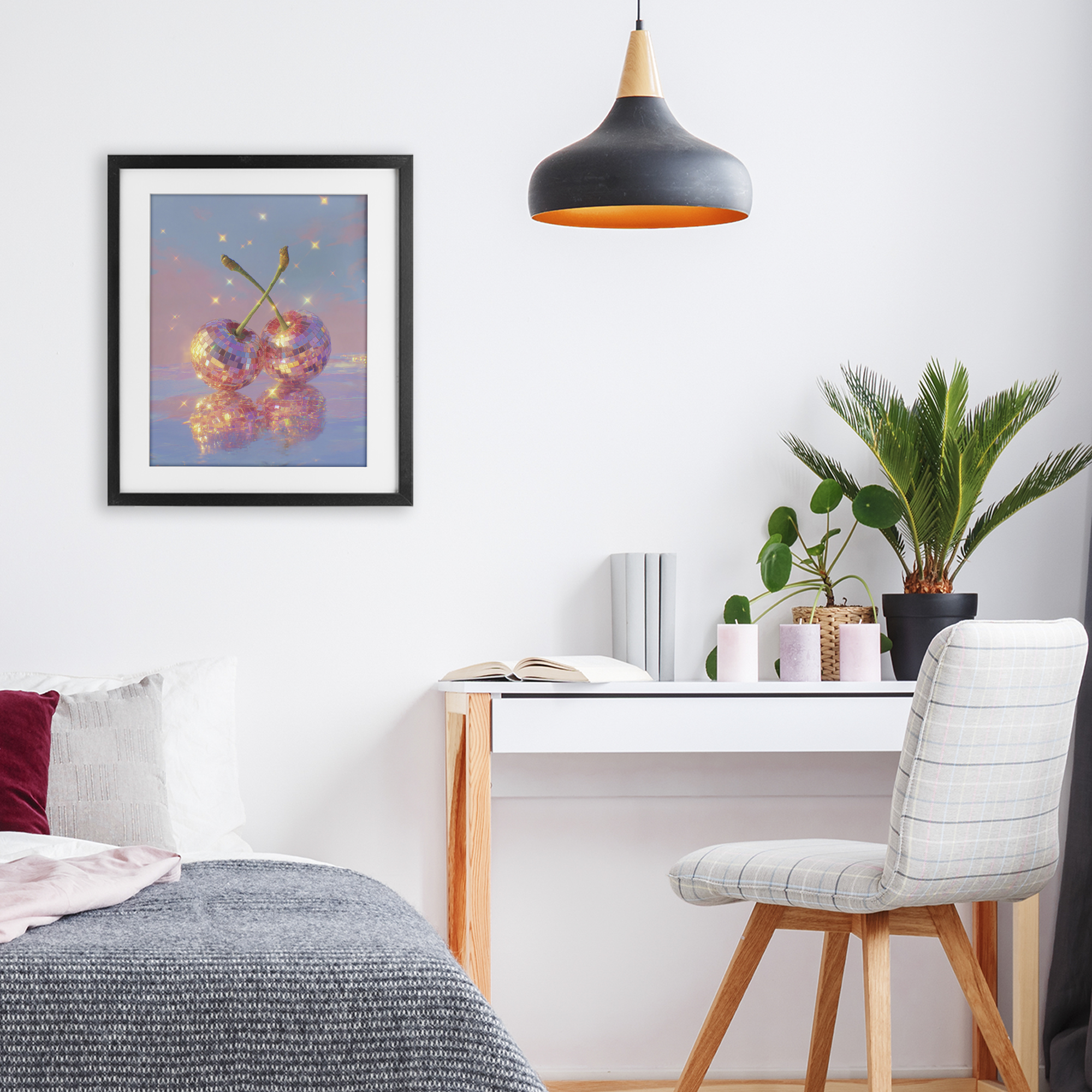 Disco Cherry Reflection Black Framed Print Under Glass, design by Ziwei Li