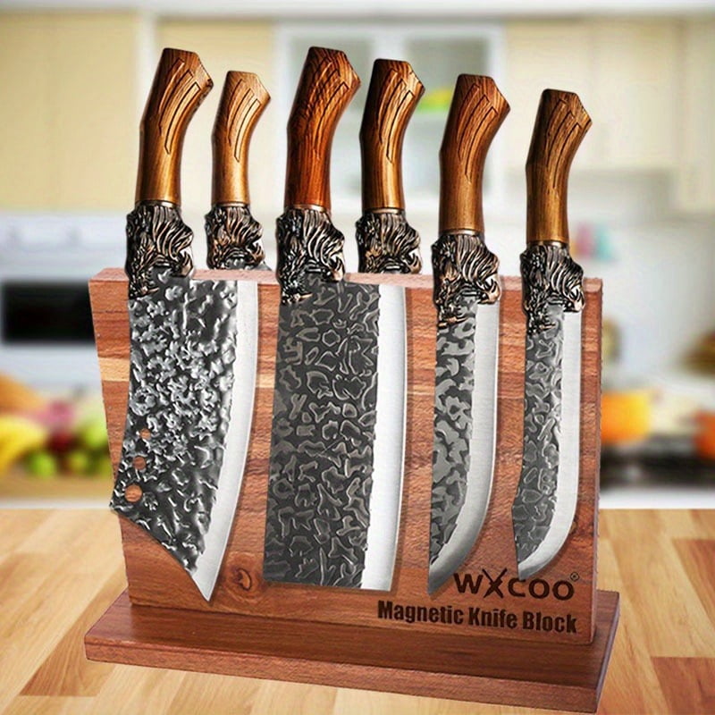 7PCS Professional Stainless Steel Kitchen Chef Knife Set With Double-sided Wooden Magnetic Knife Block Holder No Drilling Multipurpose Utility Boning Fish Cutting Knife for Home Kitchen Convenience