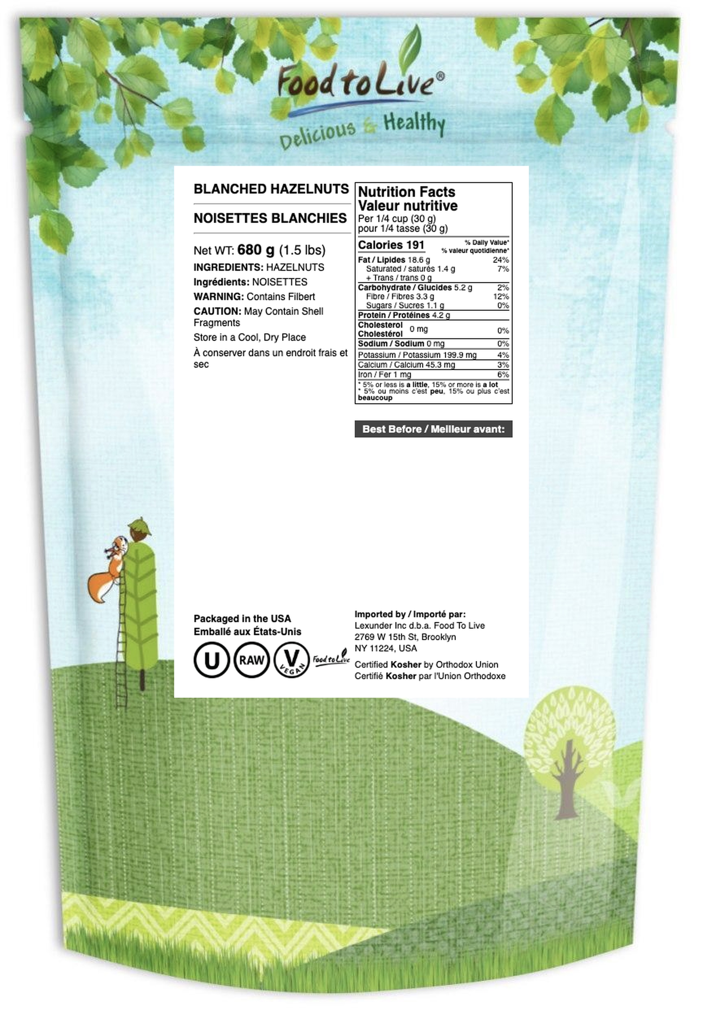 Blanched Hazelnuts, 1.5 Pounds — Kosher, Raw, Vegan — by Food to Live