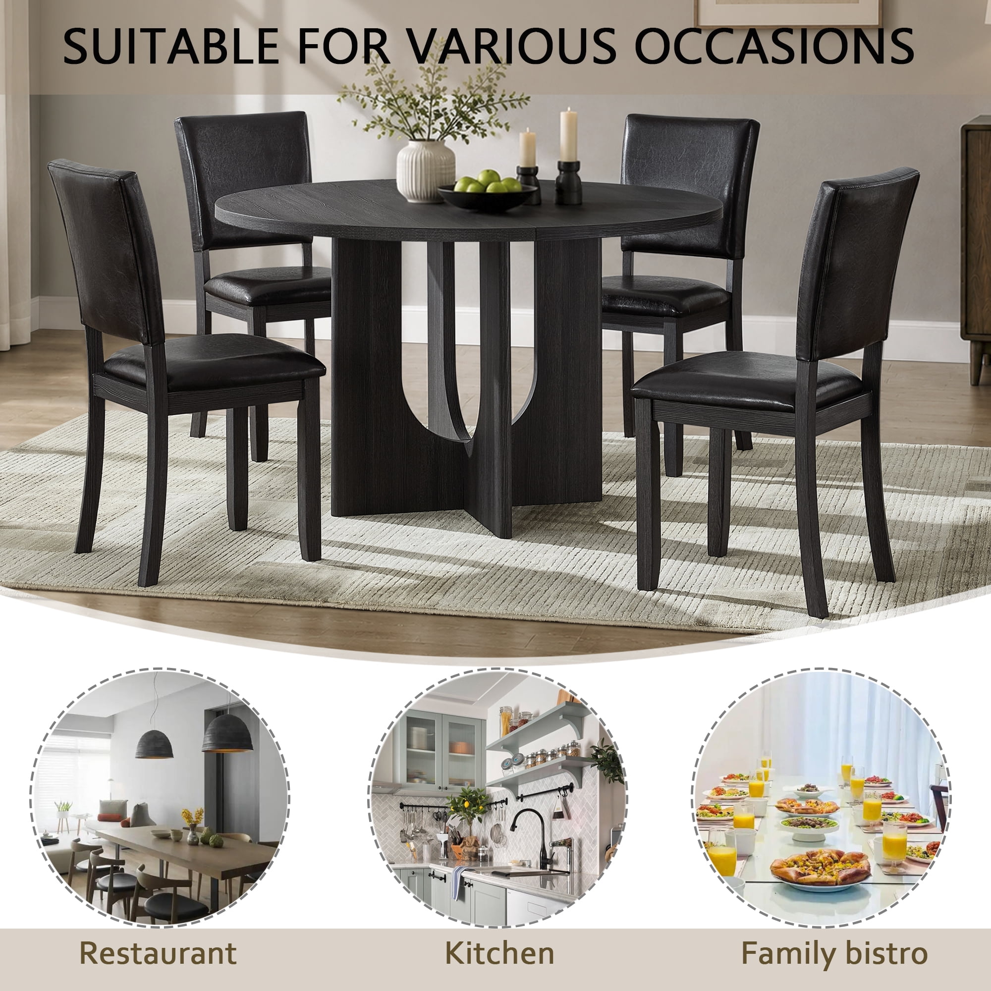 5-Piece Round Dining Table Set for 4-6, 47.3" Wood Round Table with 4 PU Leather Chairs