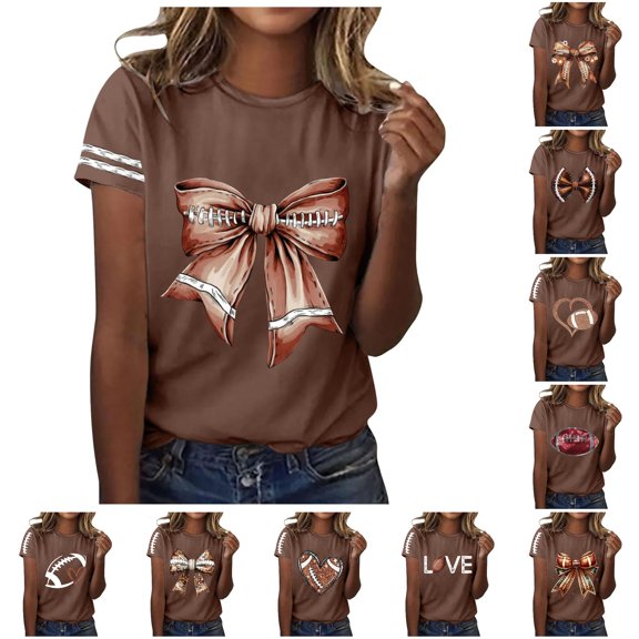 Trendfront Womens Football Heart Graphic T Shirts Crewneck Short Sleeve Sports Print Relaxed Fit Game Day Casual Tee Tops