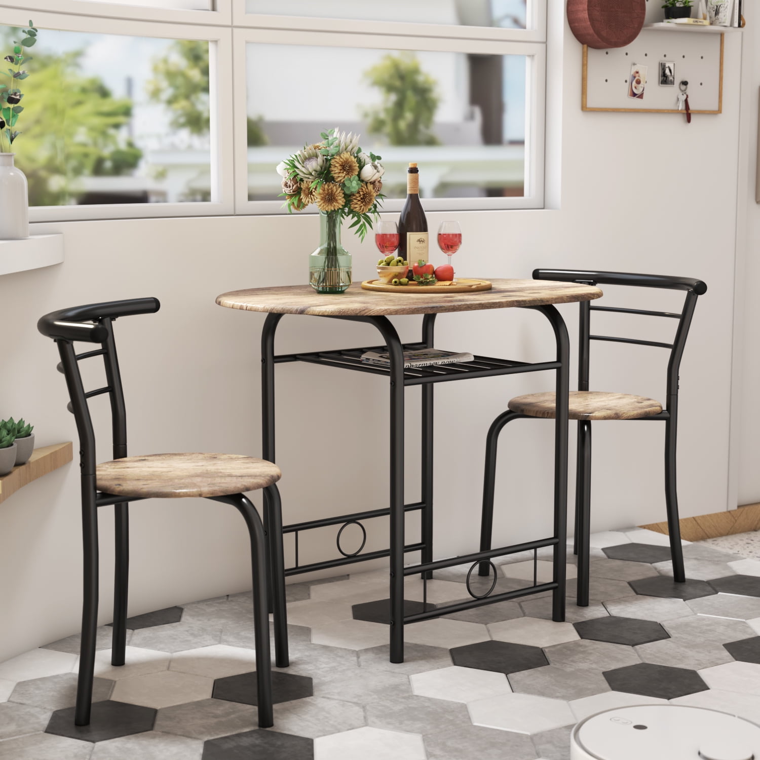Furmax 3 Piece Wood and Metal Dining Set Small Dining Table for 2 for Living Room Dining Room Kitchen Brown