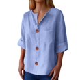 thumbnail image 2 of Linen Tops for Women Summer V Neck 3/4 Length Sleeve Womens Tops with Button Roll-Up Sleeve Casual Loose Fit Blouses Blue M, 2 of 5