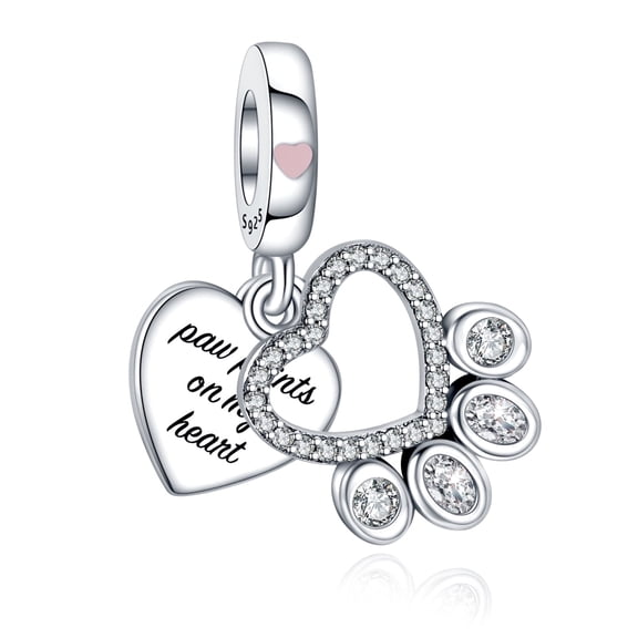 ROSIANNA 925 Sterling Silver Charm for Bracelets Women Silver Paw Print On My Heart Dangle Charm Necklace Pendant Girl Gifts
