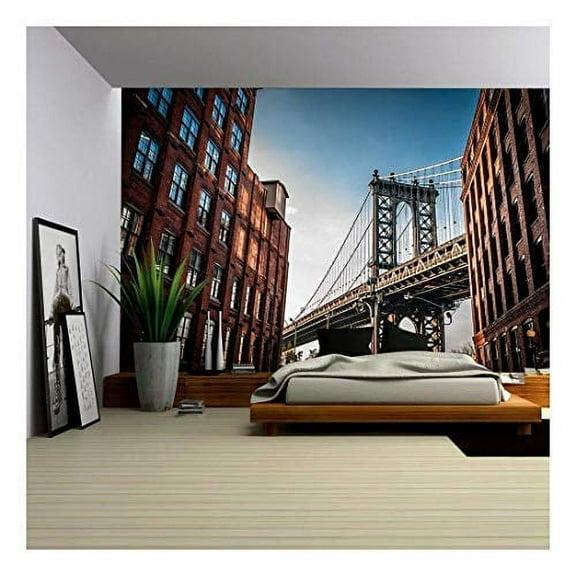 wall26 - Manhattan Bridge Seen from a Narrow Alley Enclosed by Two Brick Buildings on a Sunny Day in Summer - Removable Wall Mural | Self-Adhesive Large Wallpaper - 100x144 inches