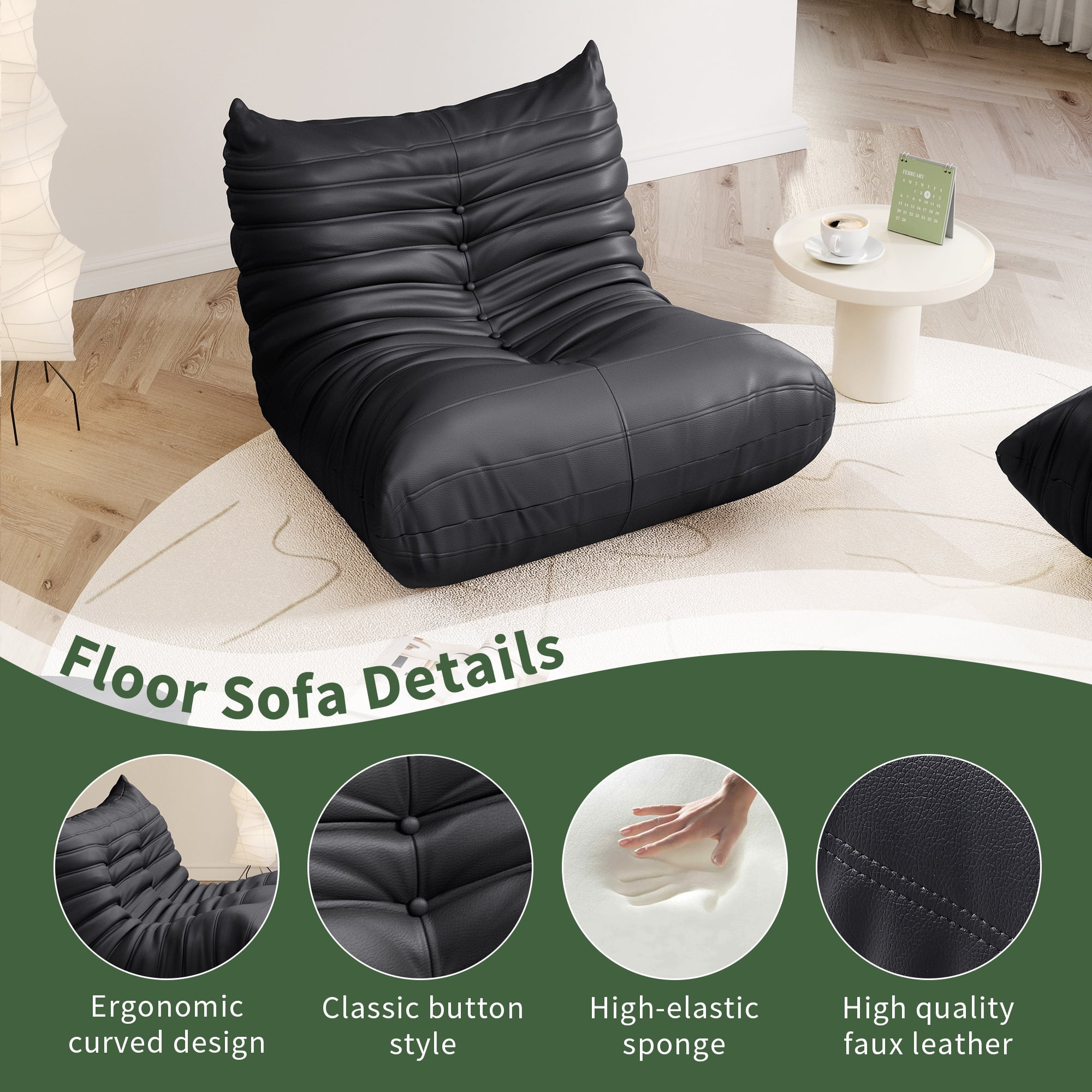 Gtilzria Lazy Sofa, Bean Bag Chair for Adults Floor Couch with Faux Leather Lounge for Living Room, Bedroom, Black