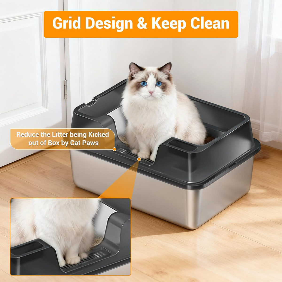 Ataucjin Extra Large Enclosed Stainless Steel Cat Litter Box, Metal Litter Pan for Big Cats, High Wall Sides & Non-Stick Bottom, Anti-Leakage & Odor-Resistant, Easy to Clean for All Cats