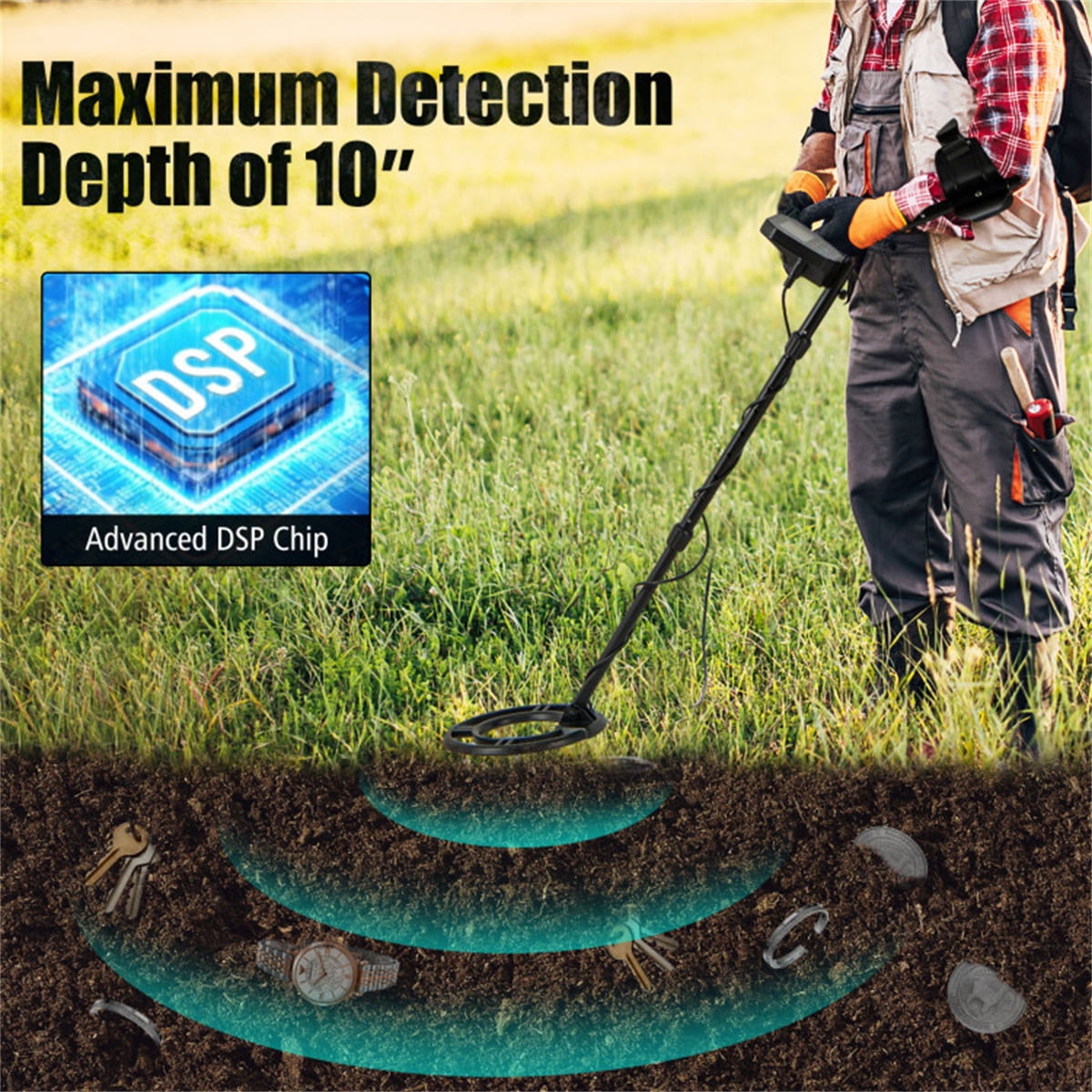 Metal Detector Black IP67 Waterproof Search Coil 4Modes 10In Depth DSP Chip LCD Display Adjustable 44.5In Beach Outdoor Adventure Adults Teens Shovel Headphones Carry Bag Batteries Gold Coins Relics