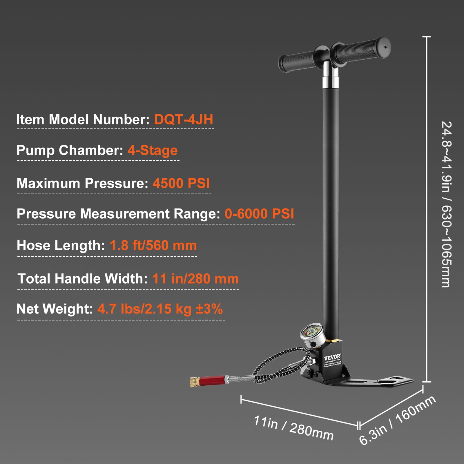 VEVOR PCP Hand Pump, 4 Stage, 30Mpa 4500 PSI High Pressure PCP Air Rifile Filling Stirrup Pump with Oil-Moisture Filter Pressure Gauge, Stainless Steel for Airguns Scuba Tank Paintball Filling Tire