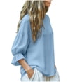 thumbnail image 5 of JGGSPWM Ruffle 3/4 Length Sleeve Linen Tops for Womens Summer Fashion Crewneck Puff Sleeve Shirt Loose Dressy Casual Blouse Blue S, 5 of 5
