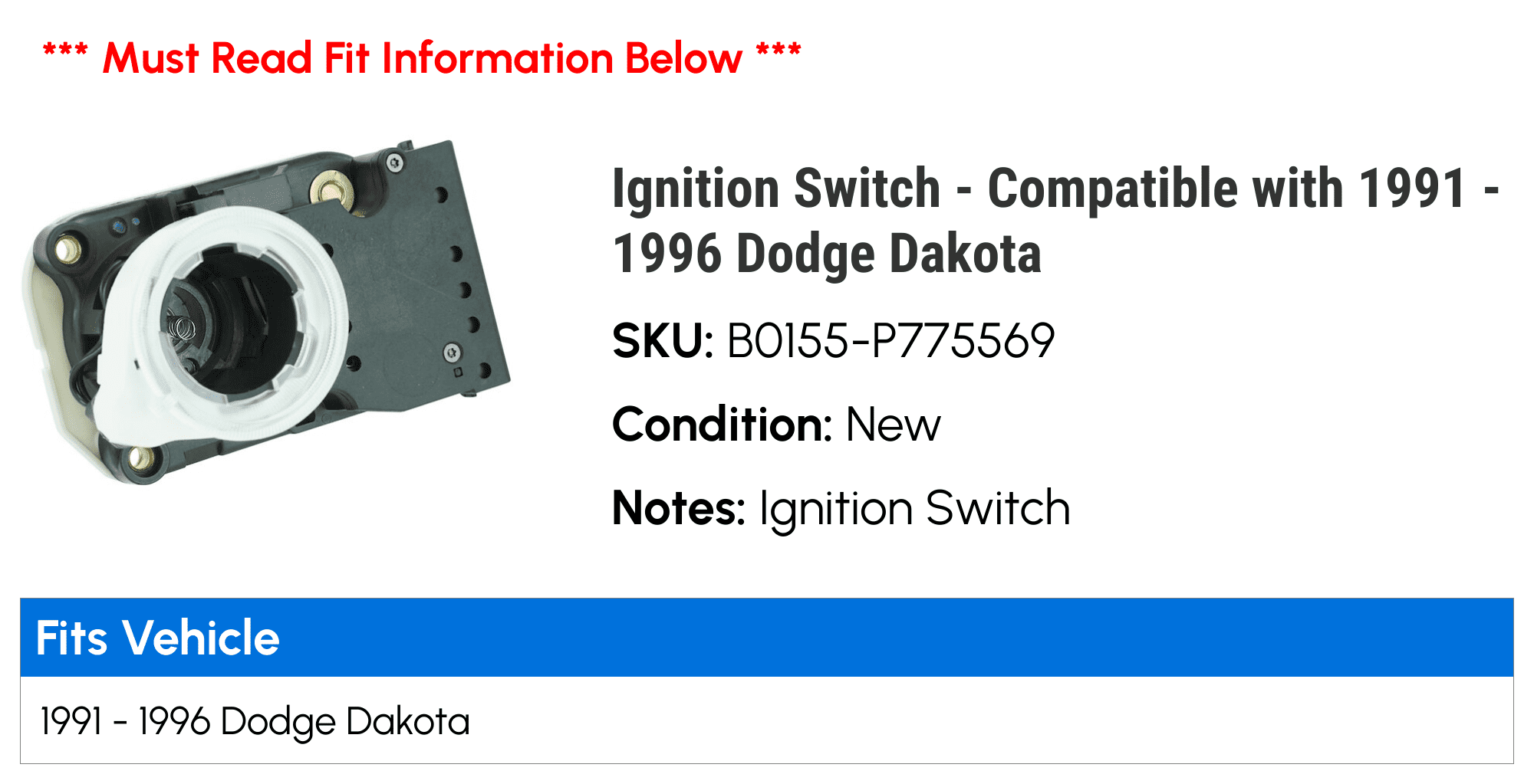 Ignition Switch - Compatible with 1991 - 1996 Dodge Dakota 1992 1993 1994 1995