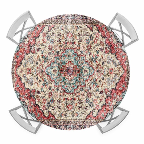 Vintage Boho Round Tablecloth for 45-54 Inch Tables,Fitted Table Cover with Elastic Edge,Modern Geometric Aesthetics Abstract Art Waterproof Outdoor Table Cloth Protector for Patio Garden Dinner