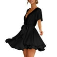 thumbnail image 4 of USSUMA Dresses For Women Party Casual,Women's Summer Dress Deep V-Neck Short Sleeve Waist Tie Ruffle Mini Swing Skater Dresses, 4 of 8